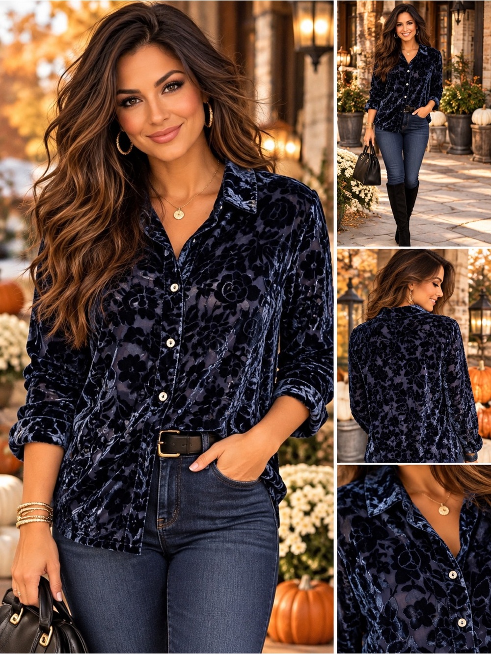 NY&CO Women's Velvet Burnout Floral Blouse Navy Blue Size L Button Down
